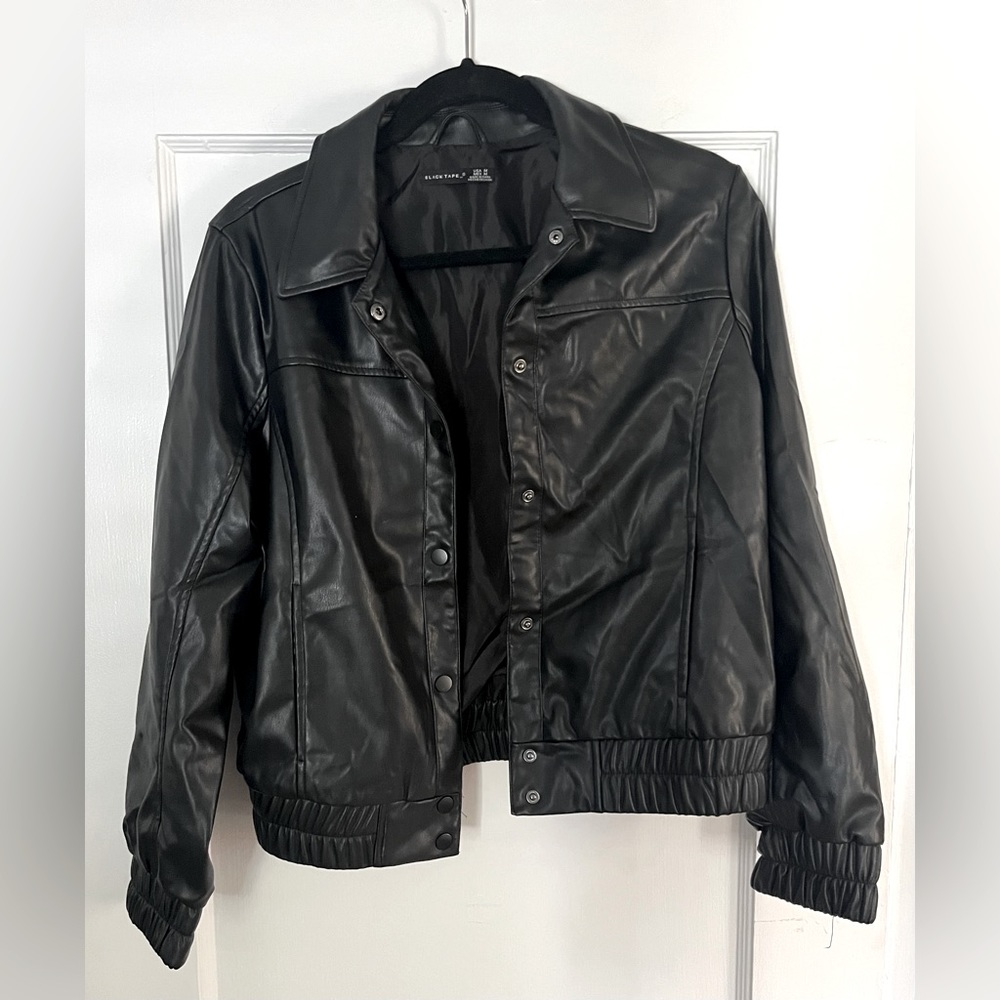 Black Tape Button Up Faux Leather Bomber Jacket